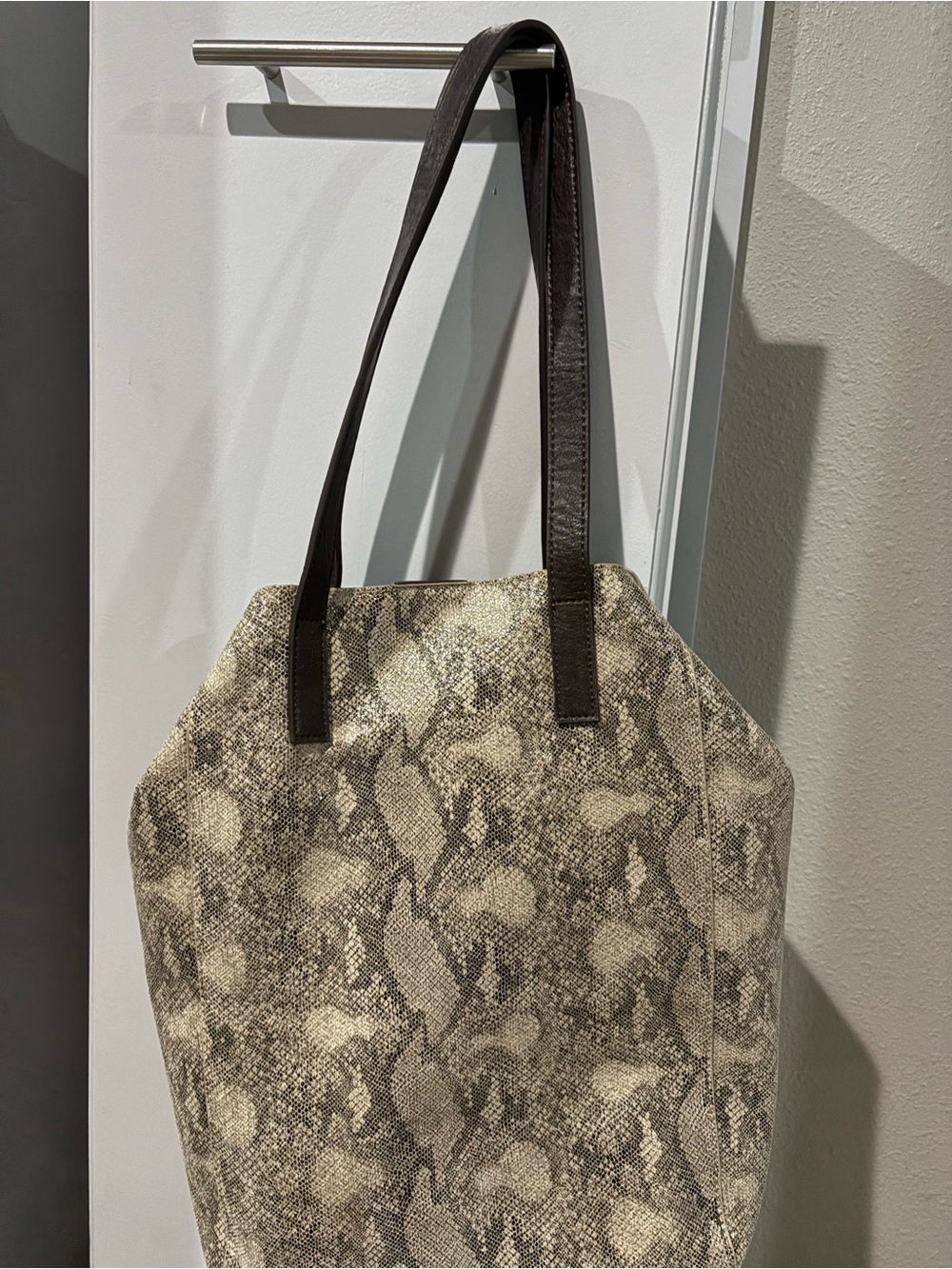 Neutral Snake-Print Tote with Dark Brown Straps